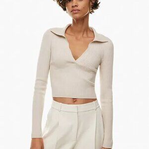 Aritzia Babaton Matte Pearl Sculp Knit Polo Long Sleeve Top Size M